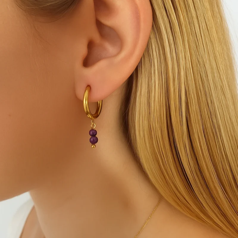 Aros Con Cuentas Y Piedra Natural