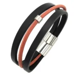Brazalete de Piel Bicolor con cierre de acero inoxidable de alta seguridad.