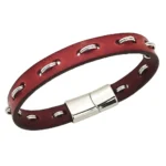 Brazalete de Piel "anillas de Acero inoxidable" Accesorio de moda: Pulsera de cuero con detalles plateados semicirculares.