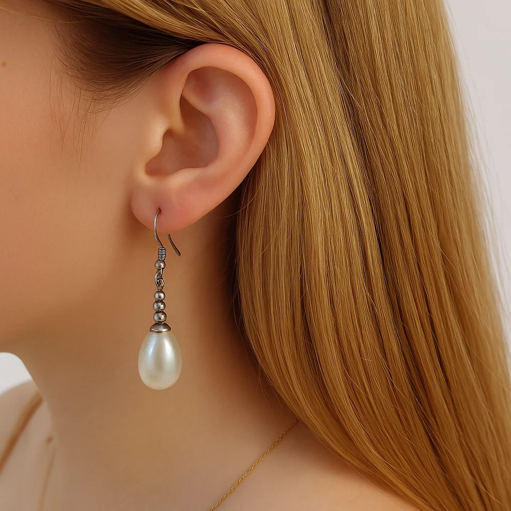 Pendientes de Perla de Lágrima con Cuentas de acero inoxidable1 Pendientes de gancho con perlas grandes en forma de gota y detalle de cuentas metálicas.